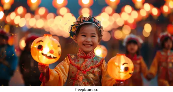 A young girl in a traditional Chinese dress smiles while holding a lantern during a lantern festival.