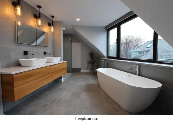 Modern Luxury Bathroom with Double Sinks and Bathtub