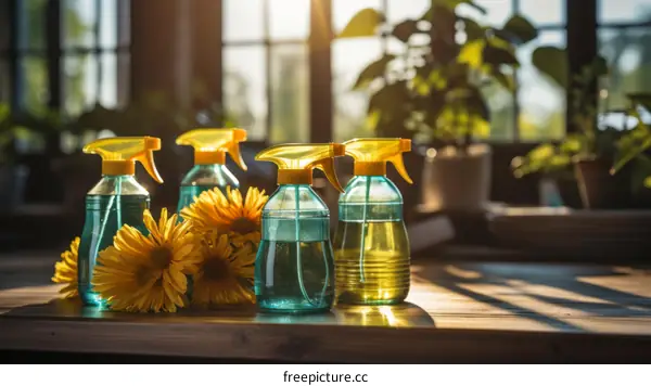 Yellow Flowers on A Table with Spray Bottles