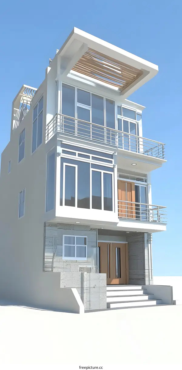 Modern House Exterior Design with Balcony and Wooden Canopy