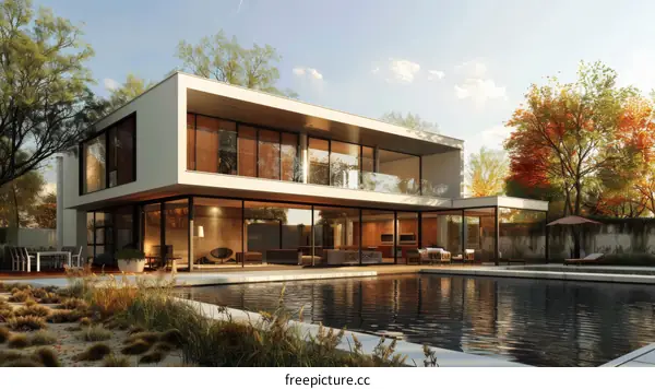 Modern House with Pool and Autumn Trees