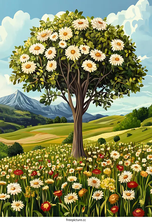White Daisy Tree in Field With Mountain View
