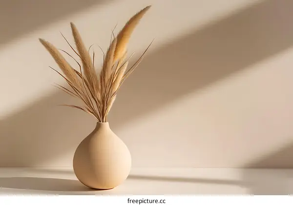 Dried Pampas Grass in a Round Vase on a White Background