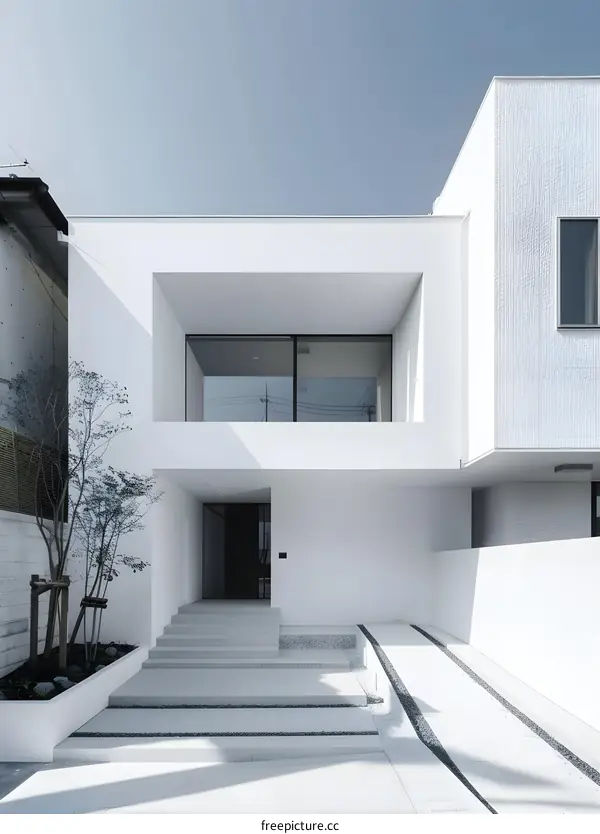 Modern Minimalist White House with Stone Pathway and Small Plants