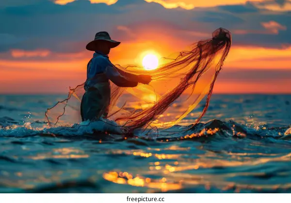 Southeast Asian fisherman alone in boat at sunset