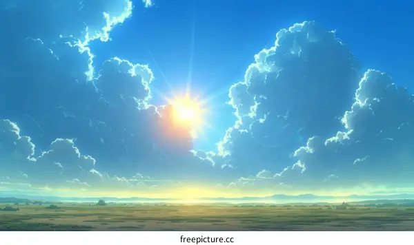 Blue sky, white clouds and a bright sun