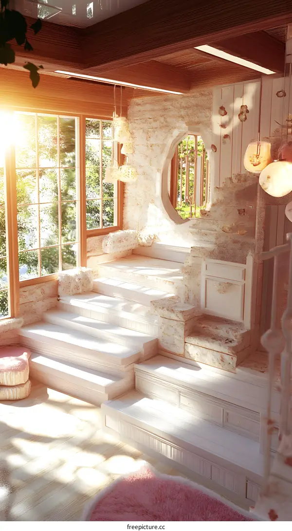 Cozy Interior Design with Sun Light and White Stairs