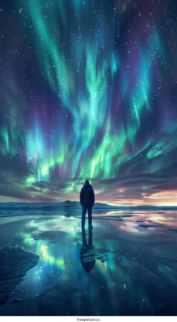 Aurora borealis landscape with a person standing in the foreground