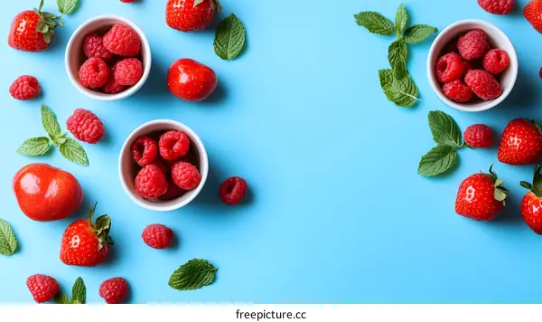 Fresh Raspberries And Strawberries With Mint Leaves On Blue Background