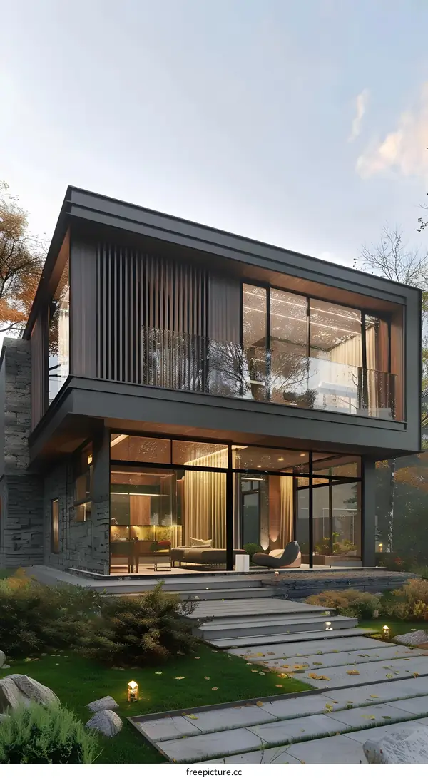 Modern Minimalist House With Large Windows And Wooden Accents