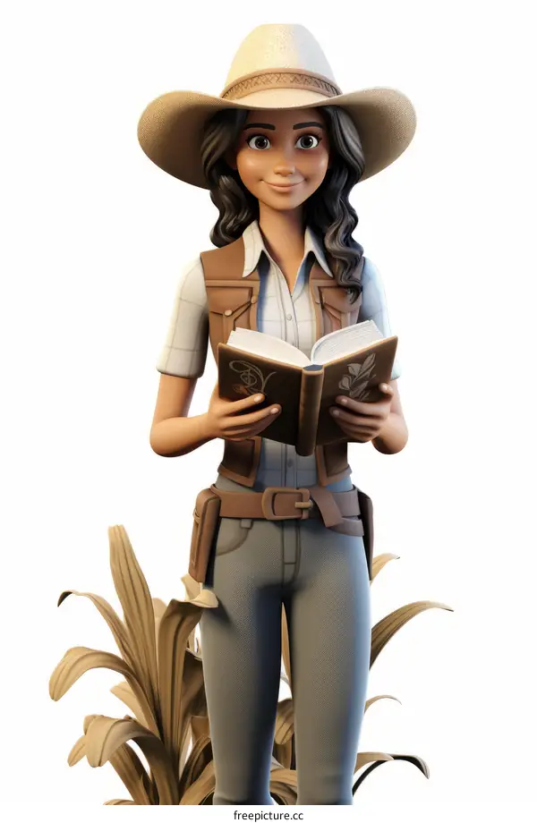 A female archaeologist reading a book in front of a plant