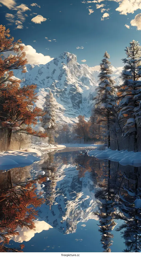 Tranquil Winter Landscape with Snow-Covered Mountains Reflected in the Water