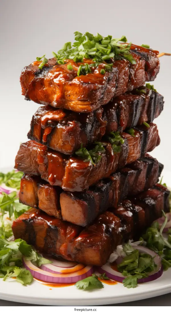 A stack of barbecued pork skewers