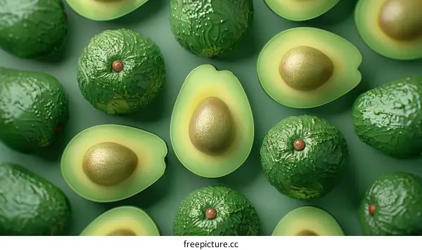 Green and gold avocados placed on a green background