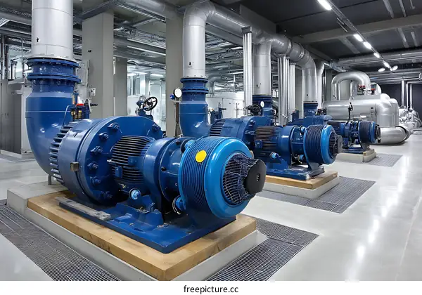 Industrial Facility with Blue Pumps and Piping