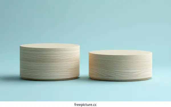 Two Wooden Cylindrical Display Stands on a Pastel Background