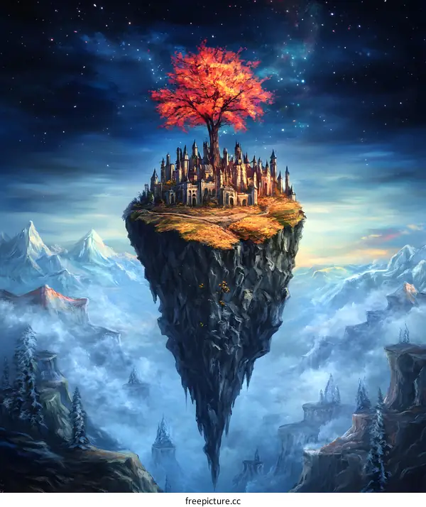 Floating Castle With Tree In Autumn Landscape