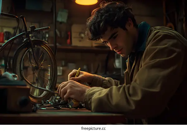 Man Working on an Old Bicycle in a Workshop