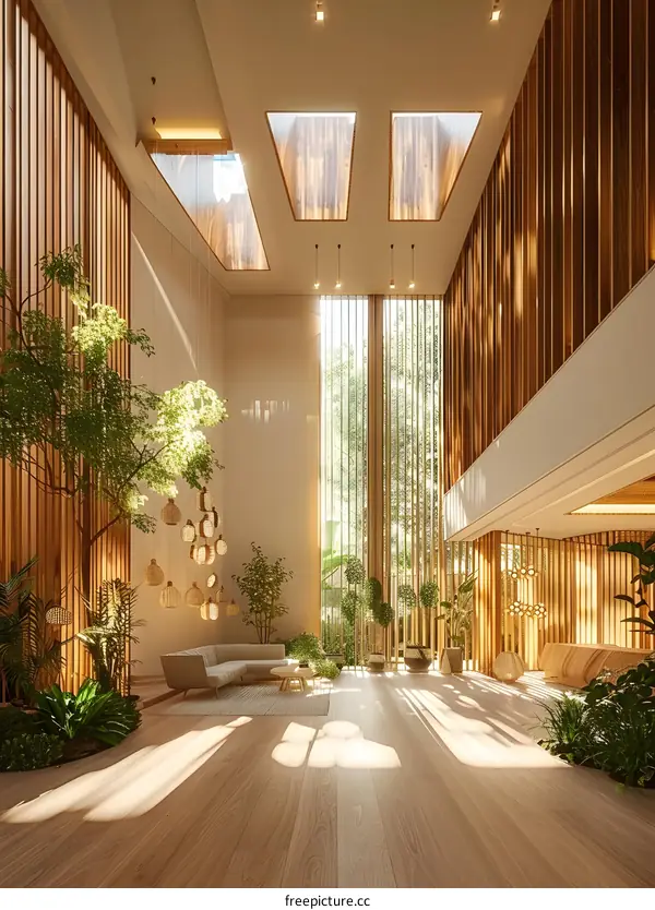 The atrium of a modern hotel with a lot of plants and wooden decorations