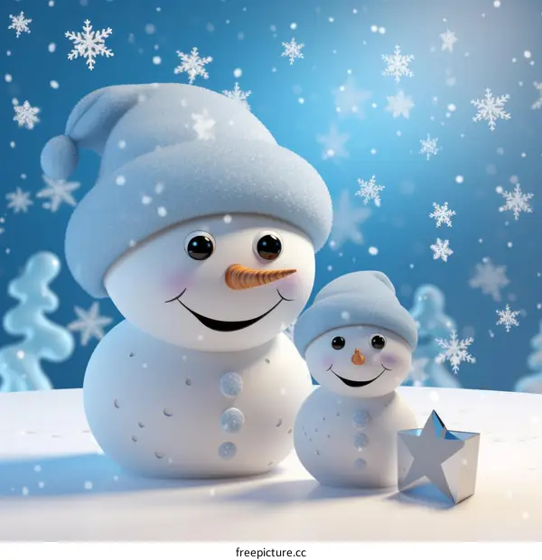 Two Adorable Snowmen in a Snowy Ambiance
