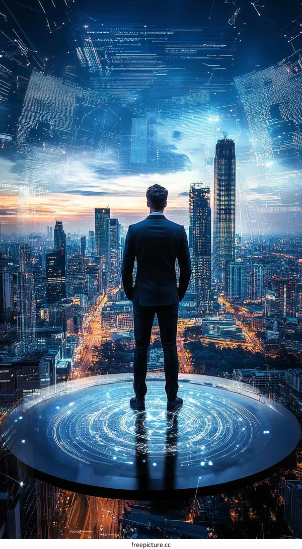 Businessman with Visionary View of Futuristic City