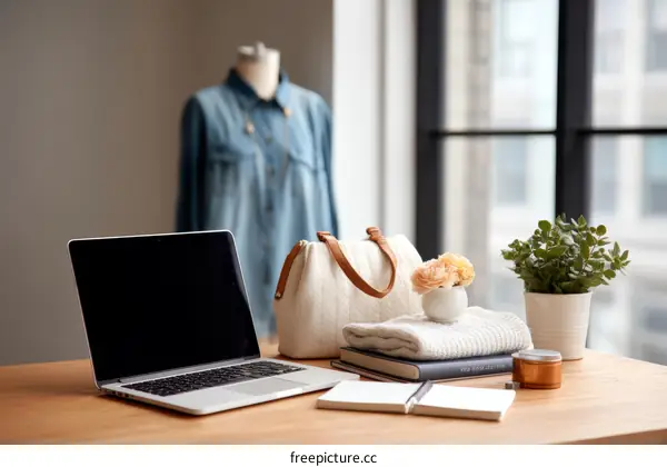 Fashionable Workspace Desk with Laptop and Accessories