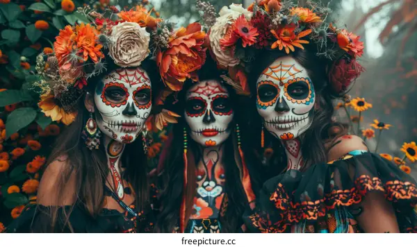 Three women wearing traditional Mexican 'Dia de los Muertos' face paint