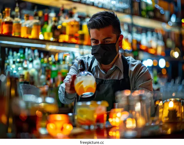 hispanic bartender wearing mask making drinks at bar