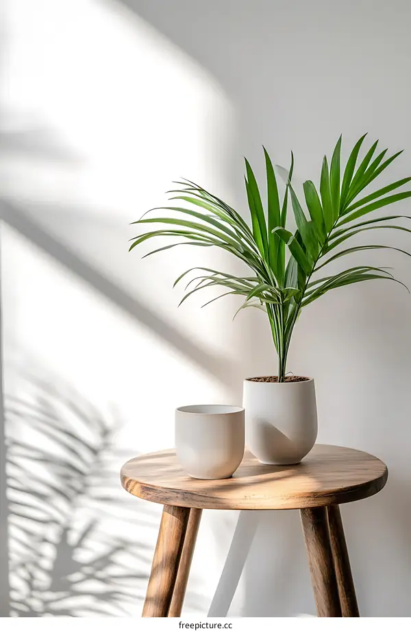 Minimalist Home Decor With a Green Plant in a White Pot on a Wooden Table