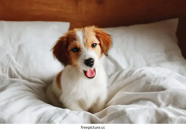 Adorable Puppy on a White Bed