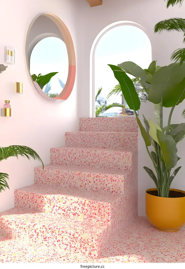 Pink Terrazzo Stairs With Tropical Plants And A Round Mirror