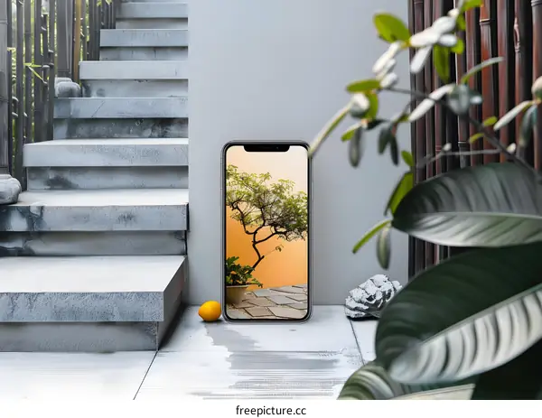 Smartphone on a Concrete Patio with a Bonsai Tree Image