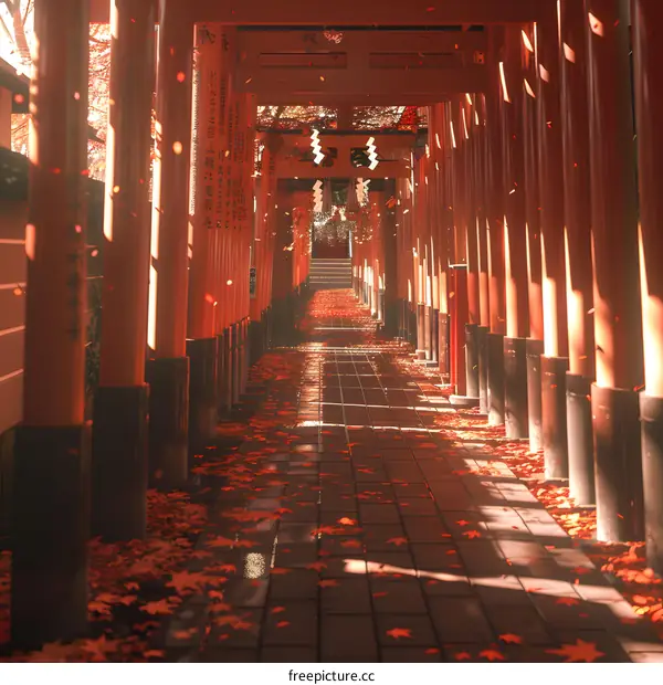 Japanese shrine with red torii gates and autumn leaves