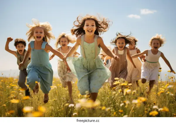 Carefree Children Frolicking in a Flowery Meadow