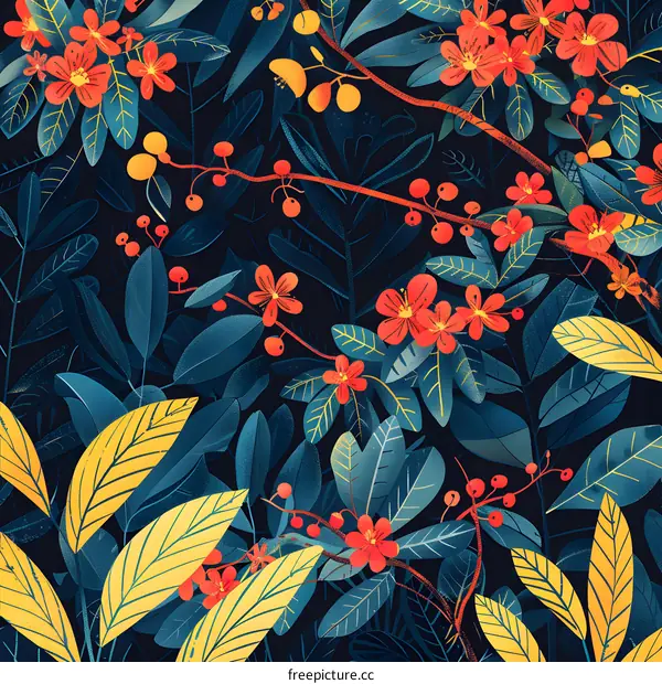 red and yellow flower and leaf pattern