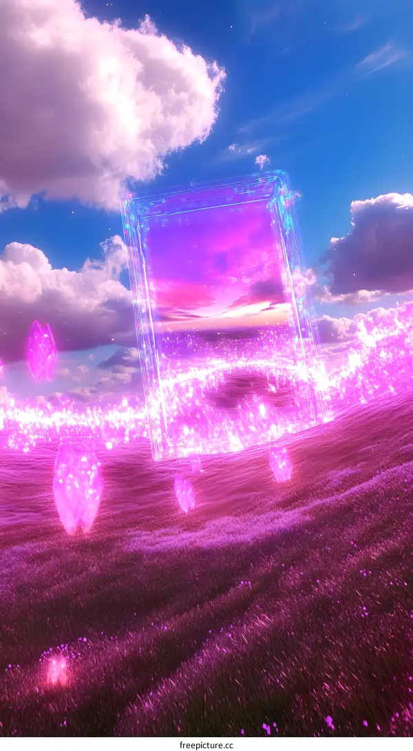 Purple Field With Glowing Portal and Crystal Shapes