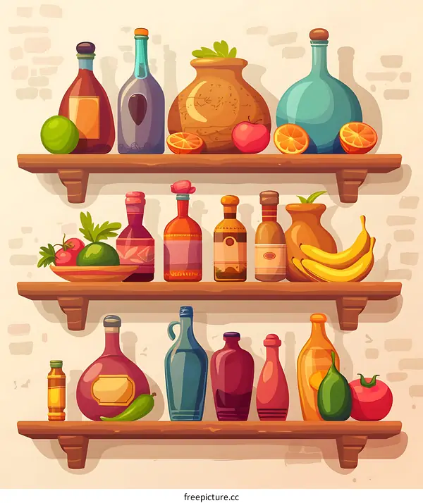 Cartoon Illustration Of Wooden Shelves With Bottles And Fruits