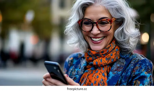 Smiling Senior Woman Using Smartphone in City