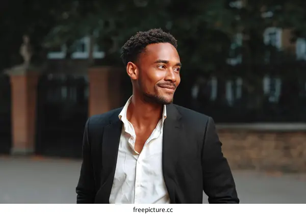 Confident young man in black suit and white shirt outdoors