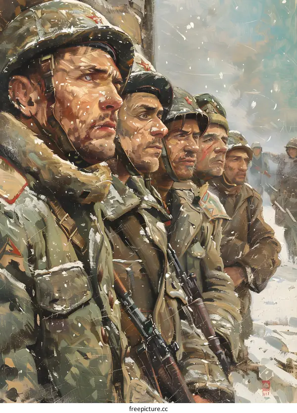 A group of soldiers in winter gear are standing in a snowy forest.