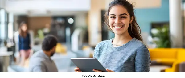 Smiling Young Woman Holding Tablet in Office Lobby