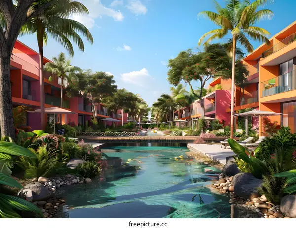 Tropical Resort with Pool and Palm Trees