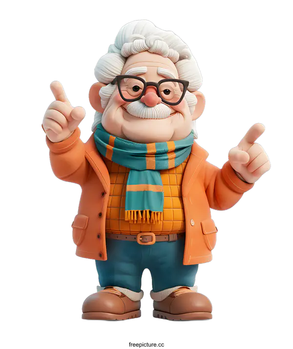 [Transparent Background PNG]A cheerful cartoon grandpa in glasses and scarf