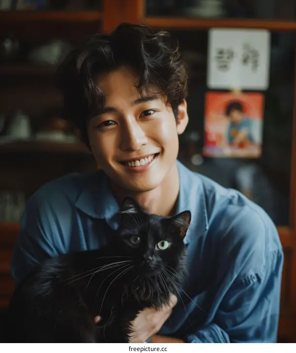 A young man is smiling at the camera while holding a black cat