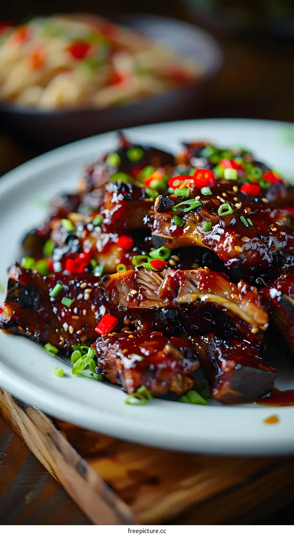 Close Up of BBQ Ribs With Sesame Seeds, Chili Peppers, and Green Onions