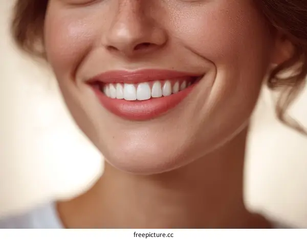 Close-up of woman with white and bright smile showing healthy teeth