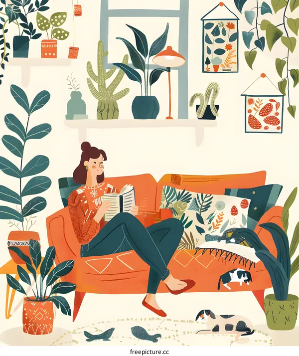 Woman Reading on Sofa With Plants and Pets Illustration