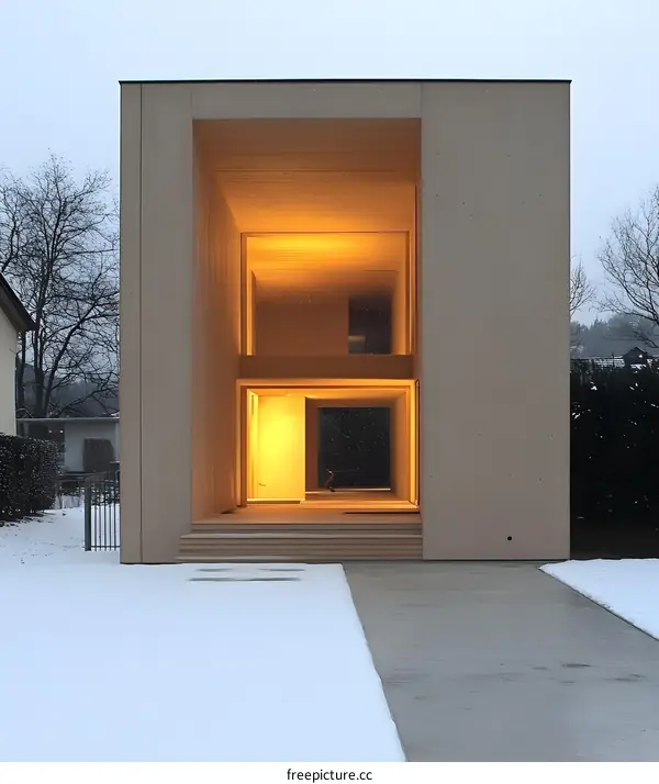 Modern Minimalist House with Wooden Facade in Winter