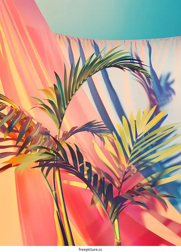 Tropical Palm Tree Leaves and Colorful Drapes Background