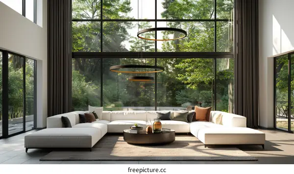 Elegant living room with large windows and a modern interior